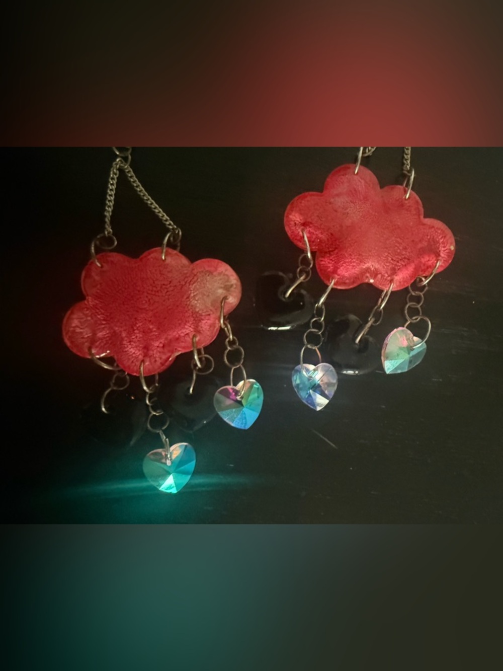 Pink Resin Cloud Dangle Earrings w/ Iridescent Heart & Black Heart Charms